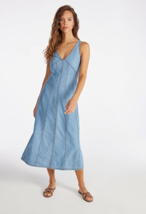 Denim V-Neck Midi Dress