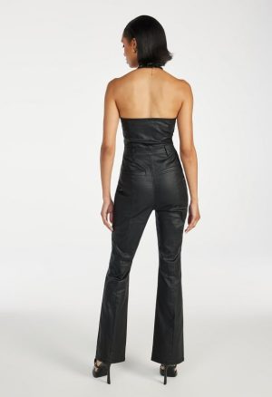 Halter Coated Denim Jumpsuit