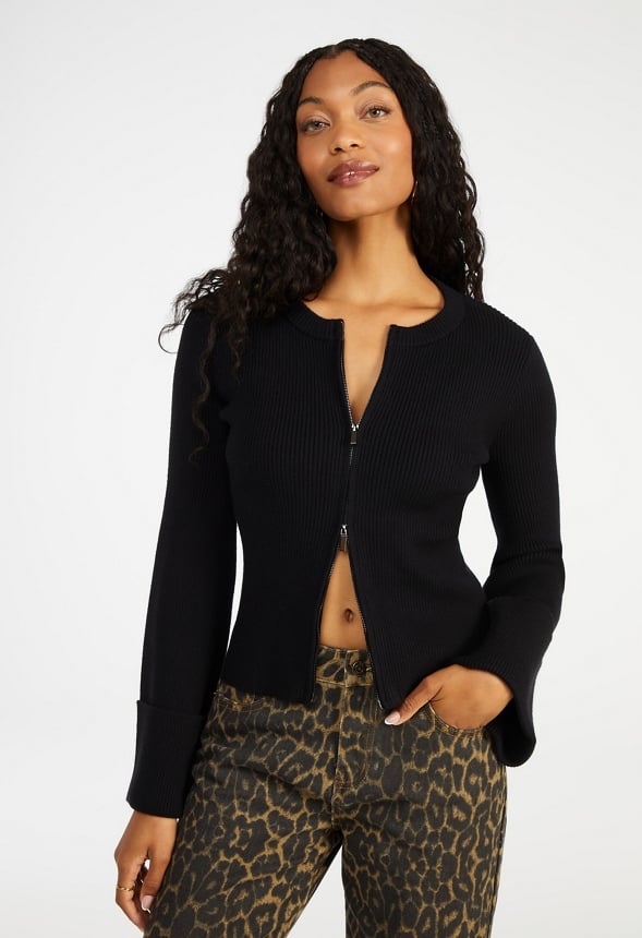 Zip Front Bell Sleeve Cardigan