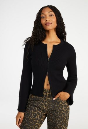 Zip Front Bell Sleeve Cardigan