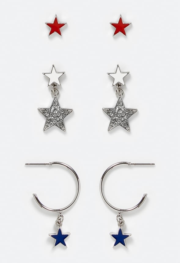3-Pairs Pack Kenzie 4th Of July Mix Stars Earrings