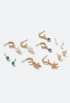 6-Pairs Pack Fay Mix Shell And Evil Eye Earrings