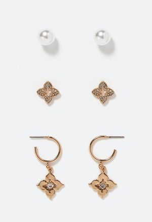 Lyv 3 Pair Mixed Pearl And Clover Studs And Hoops