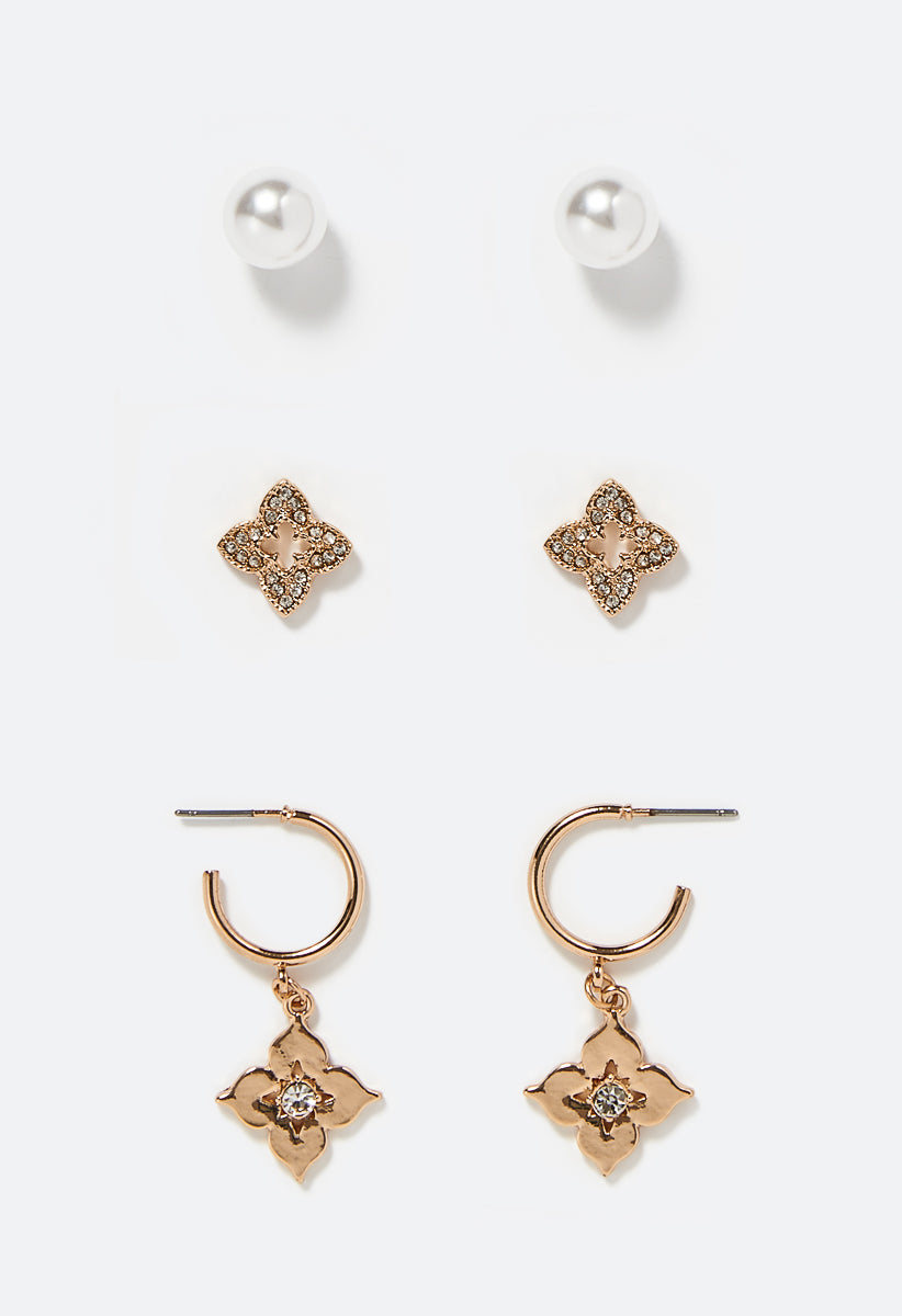 Lyv 3 Pair Mixed Pearl And Clover Studs And Hoops