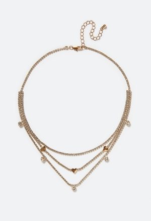 My Heart Glass Stone And Heart 3 Row Necklace