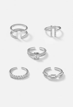 5-Piece Rae Ring Set With Glass Stone And Metal Mix Bands