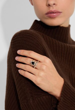 Jet Glass Stone Teardrop Ring Set