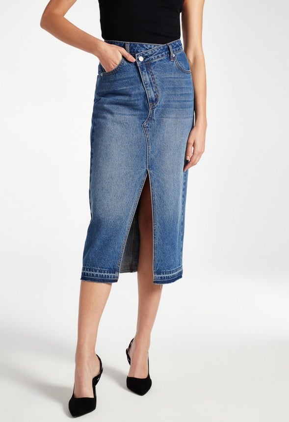 Chandler Crossover Denim Midi Skirt