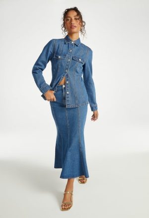 Denim Paneled Flare Skirt