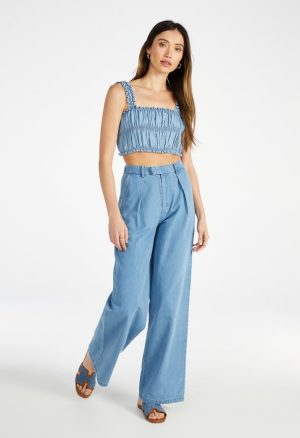 Smocked Denim Crop Tank